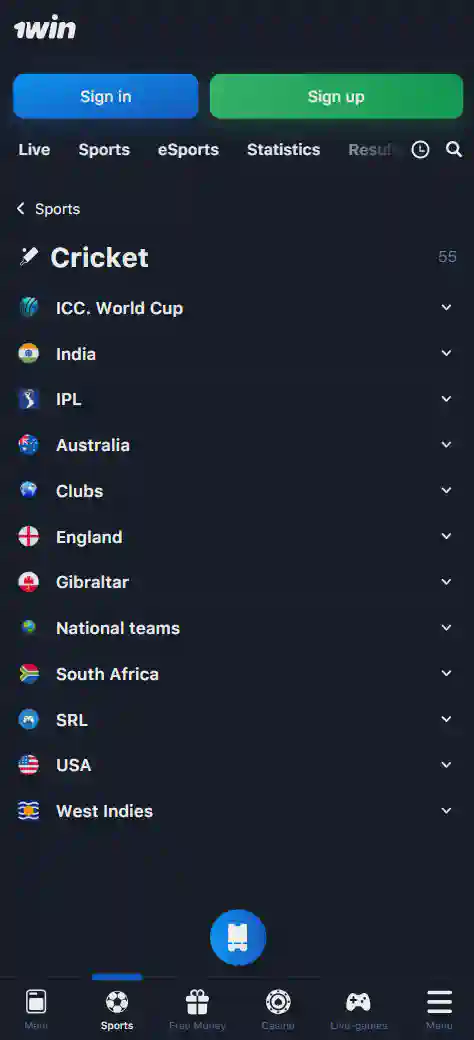 Cricket bets on the 1win mobile app in India